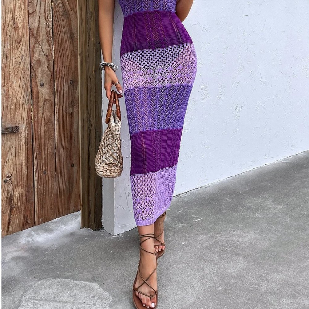 Colorblock Purple Womens Striped Pointelle Knit Cover Up Dress - Picture 5 of 6